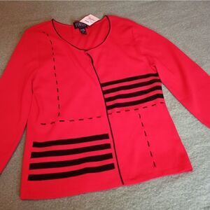 NWT FINITY M Red/Black Striped Cardigan One Button Long Sleeve Knit Open